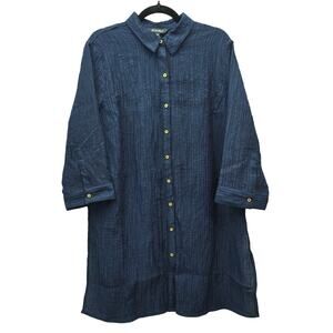 Ellen Tracy Long Top Womens XL Navy Textured Split Back Long Sleeve Button Up